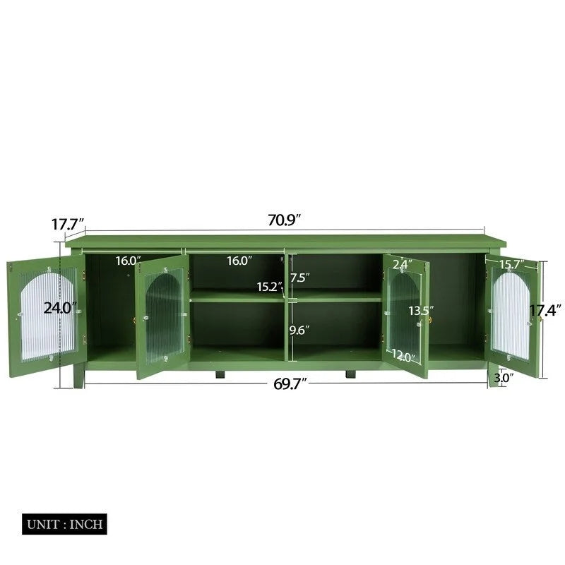 Mobile porta TV verde anticato con ante in vetro e ripiani