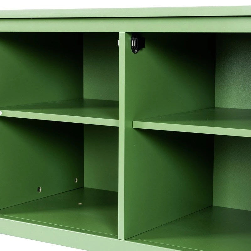 Mobile porta TV verde anticato con ante in vetro e ripiani
