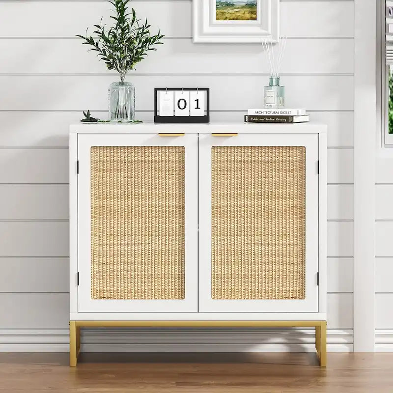 Credenza in Rattan Bianco con Ante e Ripiani