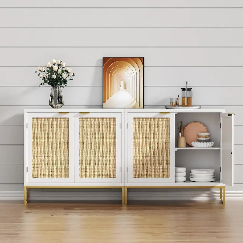 Credenza in Rattan Bianco con Ante e Ripiani
