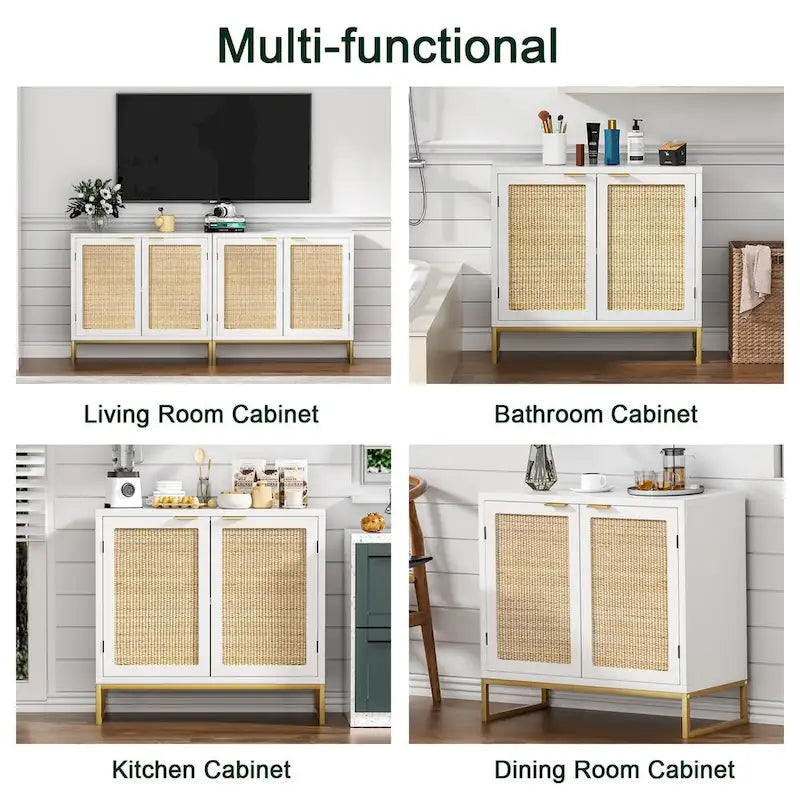 Credenza in Rattan Bianco con Ante e Ripiani