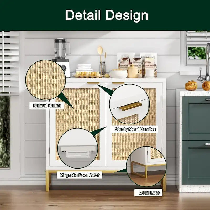 Credenza in Rattan Bianco con Ante e Ripiani