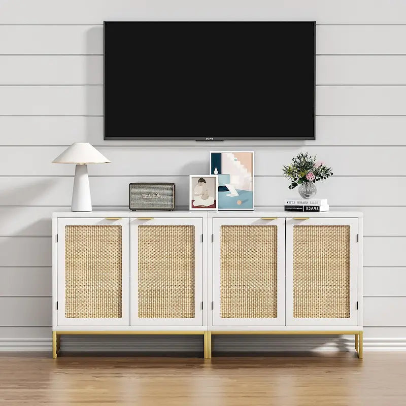 Credenza in Rattan Bianco con Ante e Ripiani