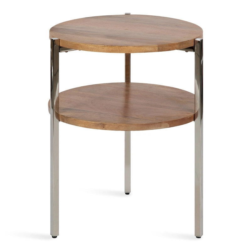 Tavolino rotondo a due ripiani con ripiani in legno di mango e gambe in metallo - 48x48x63,5 cm