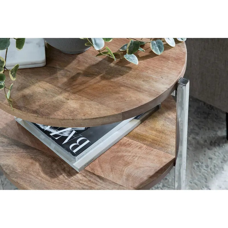 Tavolino rotondo a due ripiani con ripiani in legno di mango e gambe in metallo - 48x48x63,5 cm