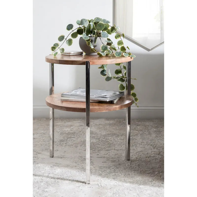 Tavolino rotondo a due ripiani con ripiani in legno di mango e gambe in metallo - 48x48x63,5 cm
