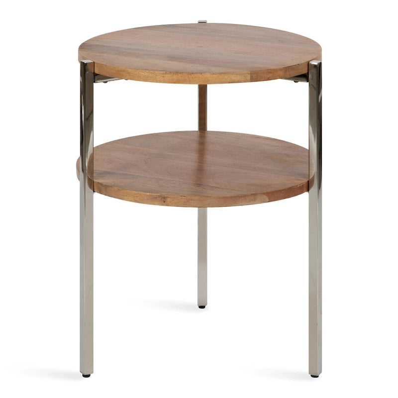 Tavolino rotondo a due ripiani con ripiani in legno di mango e gambe in metallo - 48x48x63,5 cm