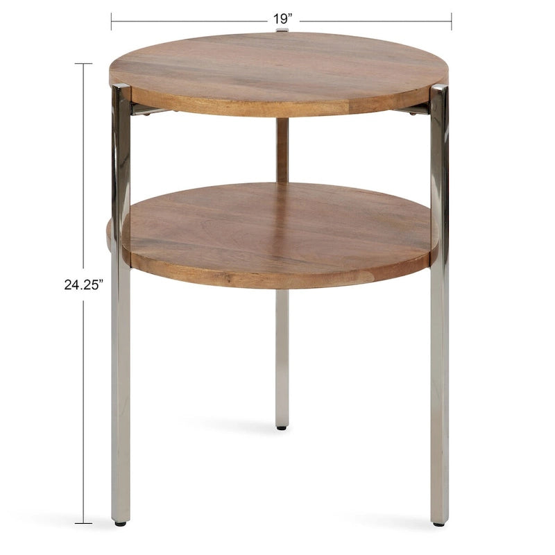 Tavolino rotondo a due ripiani con ripiani in legno di mango e gambe in metallo - 48x48x63,5 cm