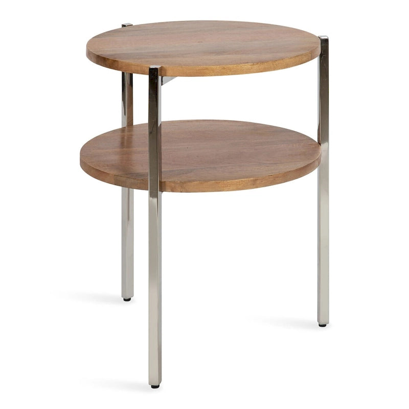 Tavolino rotondo a due ripiani con ripiani in legno di mango e gambe in metallo - 48x48x63,5 cm