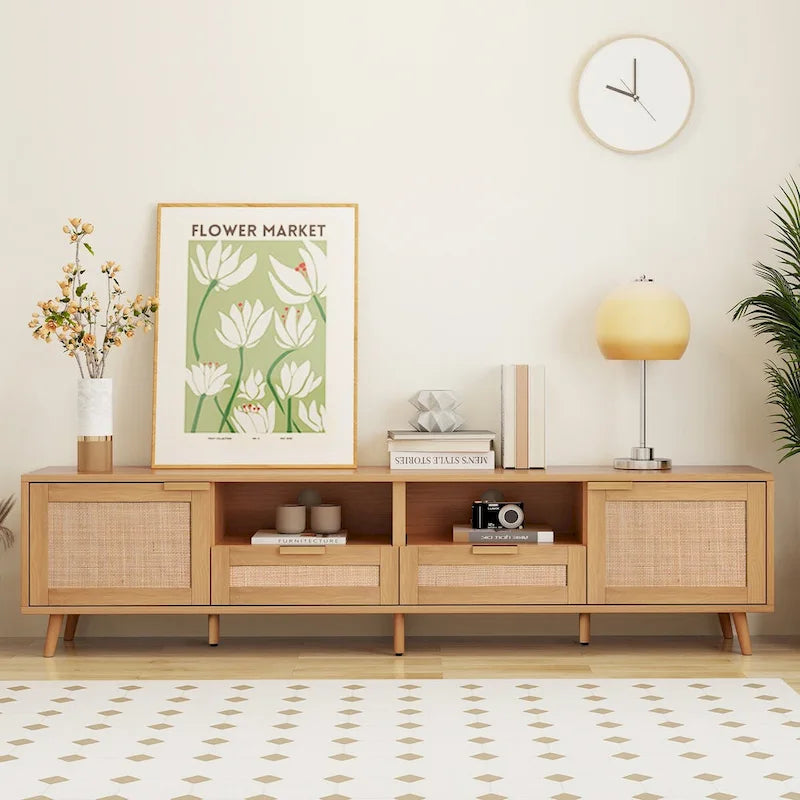 Mobile TV con ante in stile rattan, armadietti e gambe in legno