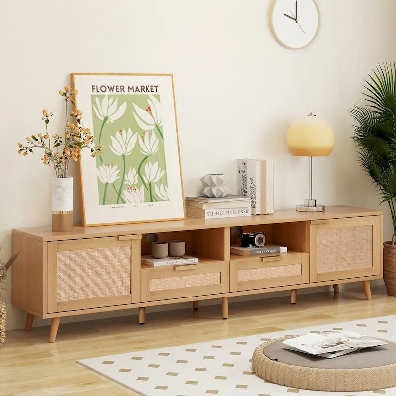 Mobile TV con ante in stile rattan, armadietti e gambe in legno