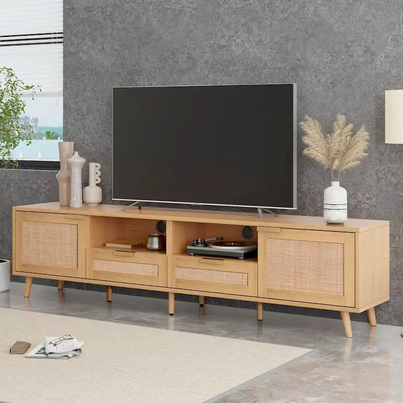 Mobile TV con ante in stile rattan, armadietti e gambe in legno