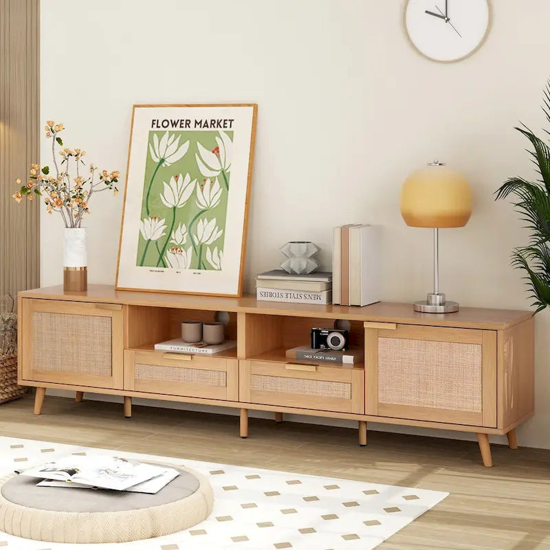 Mobile TV con ante in stile rattan, armadietti e gambe in legno