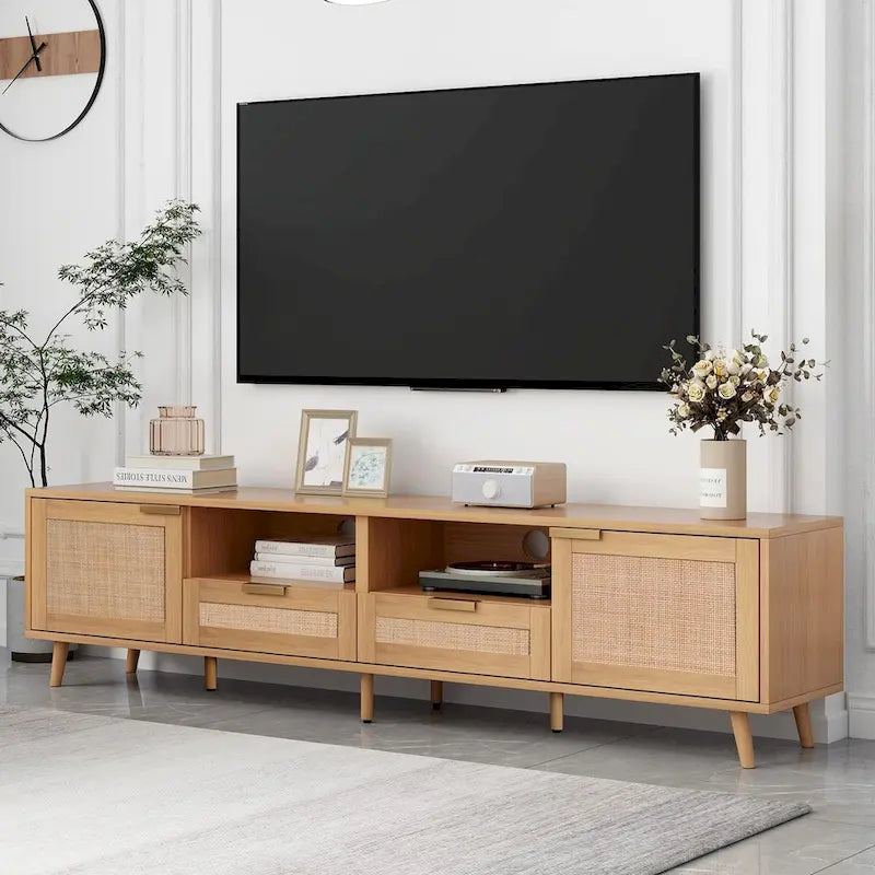 Mobile TV con ante in stile rattan, armadietti e gambe in legno