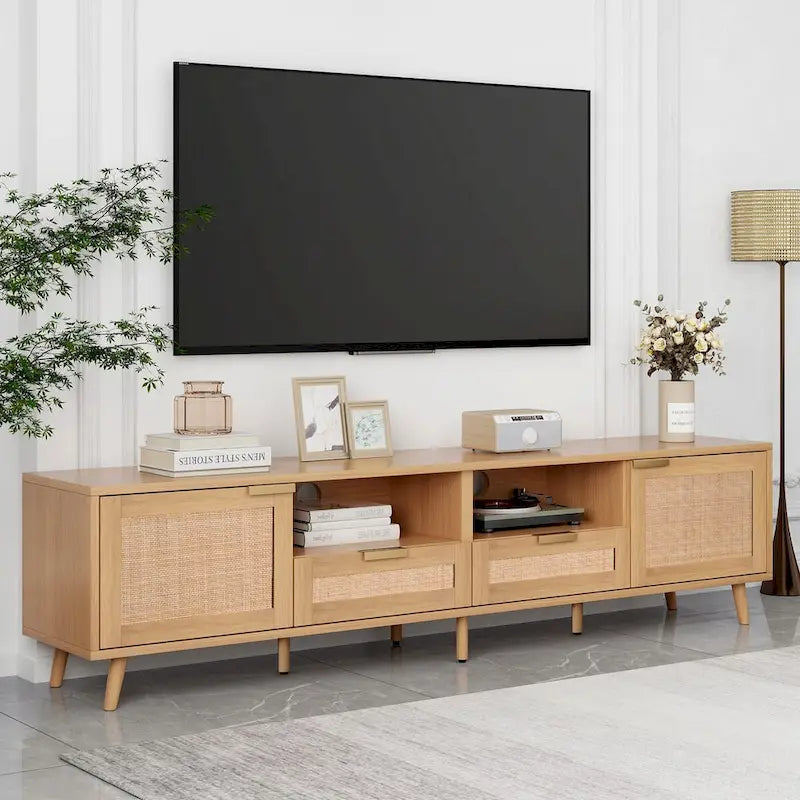 Mobile TV con ante in stile rattan, armadietti e gambe in legno