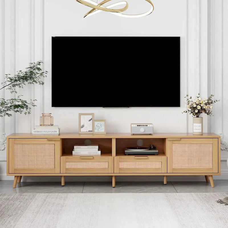 Mobile TV con ante in stile rattan, armadietti e gambe in legno
