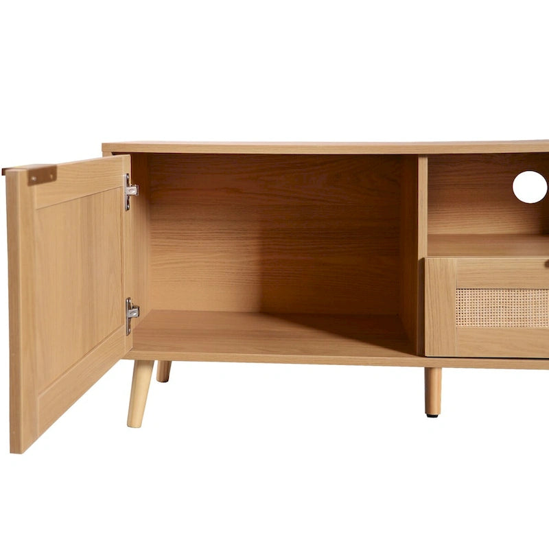 Mobile TV con ante in stile rattan, armadietti e gambe in legno