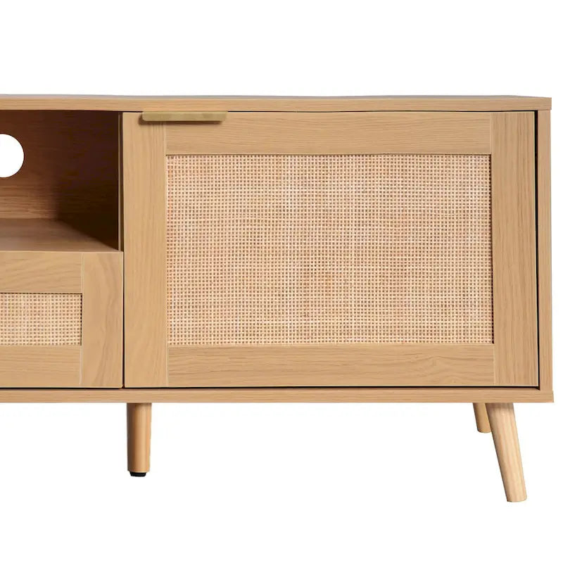 Mobile TV con ante in stile rattan, armadietti e gambe in legno
