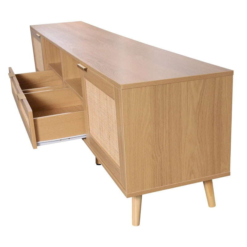Mobile TV con ante in stile rattan, armadietti e gambe in legno