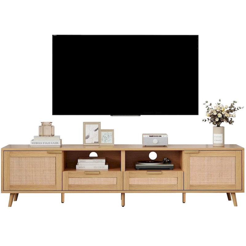 Mobile TV con ante in stile rattan, armadietti e gambe in legno