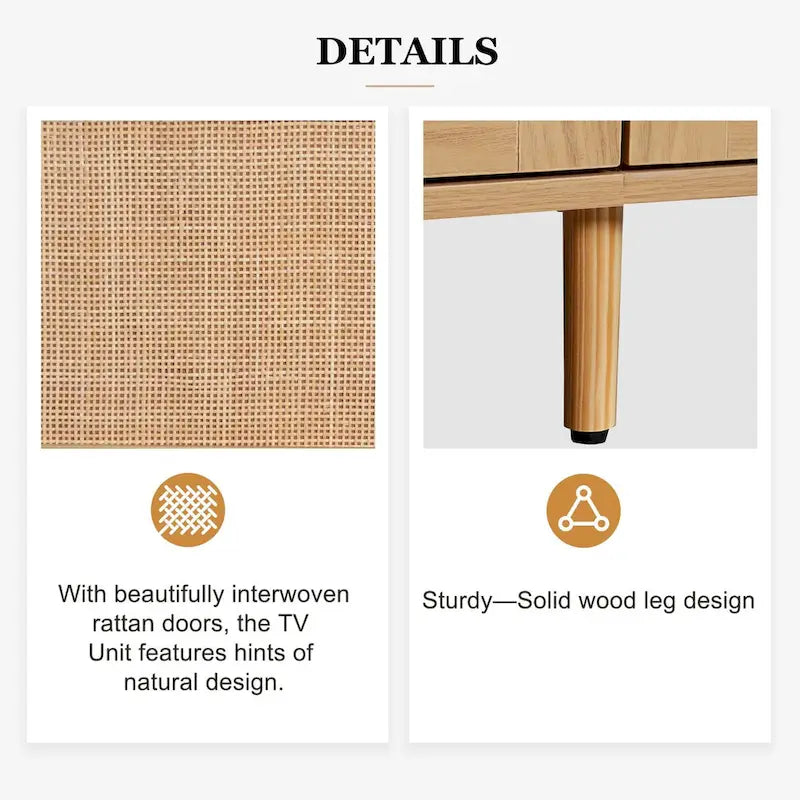 Mobile TV con ante in stile rattan, armadietti e gambe in legno