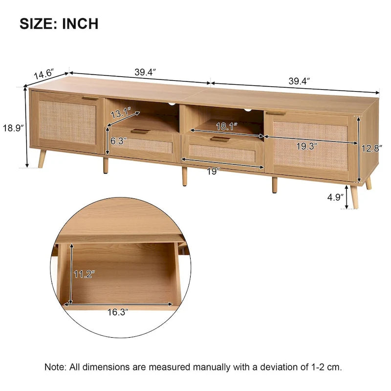 Mobile TV con ante in stile rattan, armadietti e gambe in legno