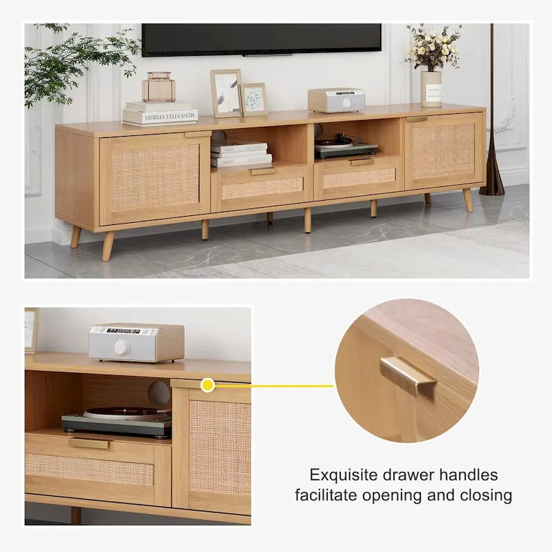 Mobile TV con ante in stile rattan, armadietti e gambe in legno