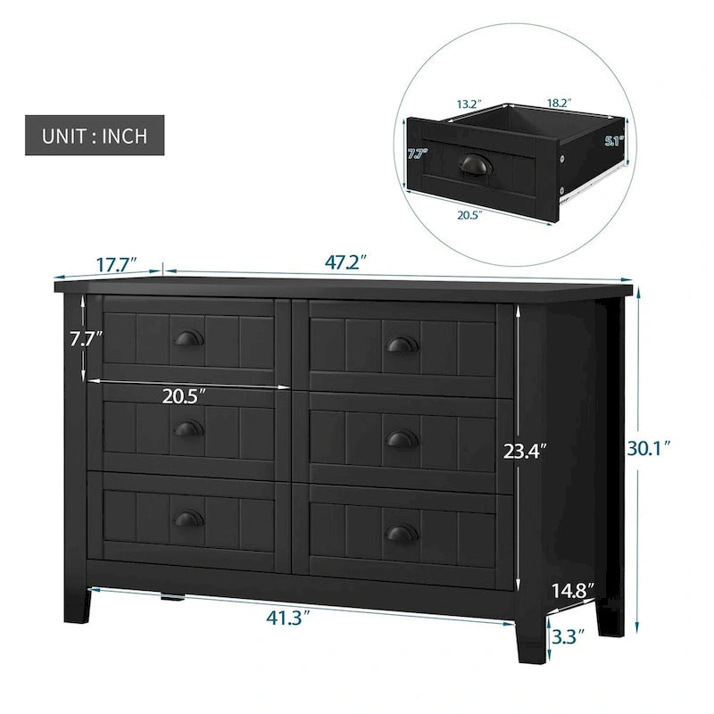 Madia/credenza a 6 cassetti in legno massello nero