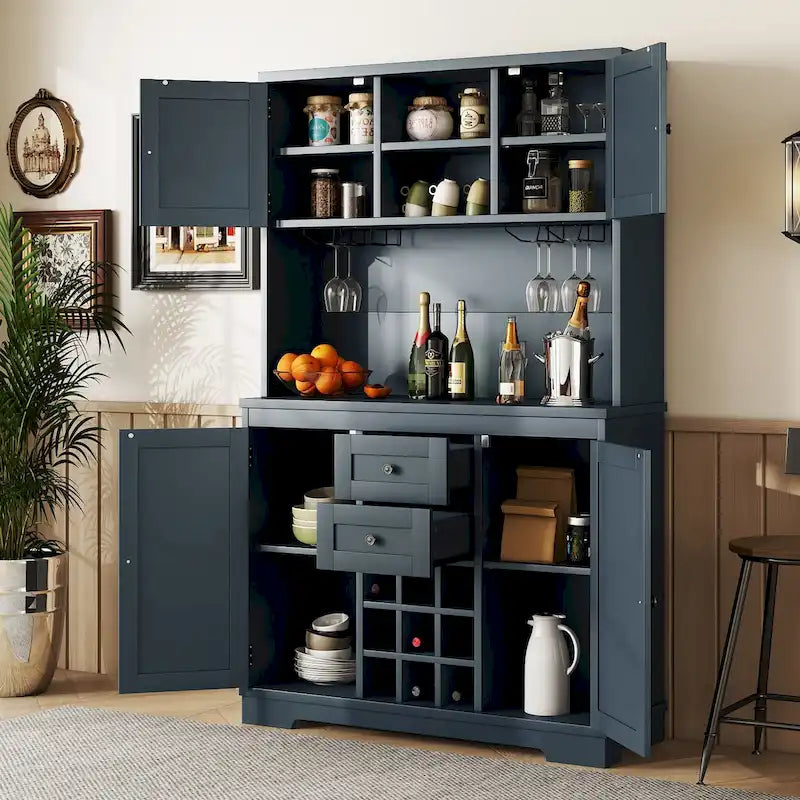 Mobile Cucina Bar con Contenitori — 120 cm L x 39,5 cm P x 187,5 cm H, 4 Ante, 2 Cassetti, Portabottiglie e Portabicchieri