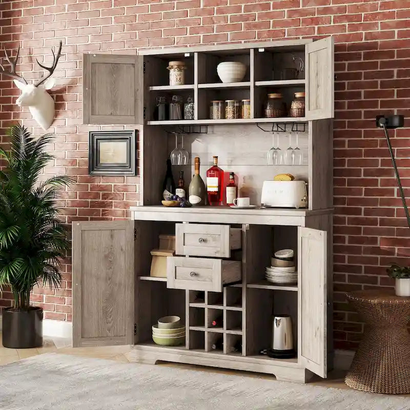 Mobile Cucina Bar con Contenitori — 120 cm L x 39,5 cm P x 187,5 cm H, 4 Ante, 2 Cassetti, Portabottiglie e Portabicchieri