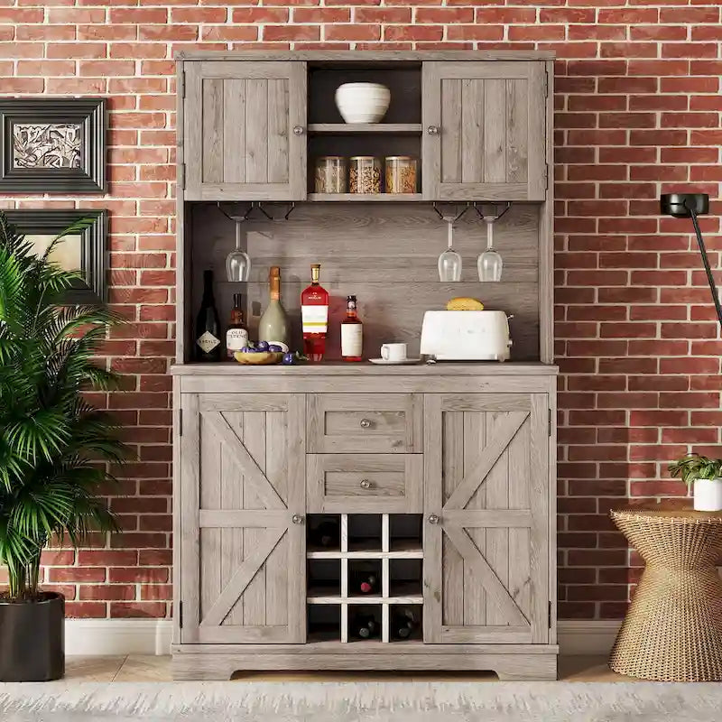Mobile Cucina Bar con Contenitori — 120 cm L x 39,5 cm P x 187,5 cm H, 4 Ante, 2 Cassetti, Portabottiglie e Portabicchieri