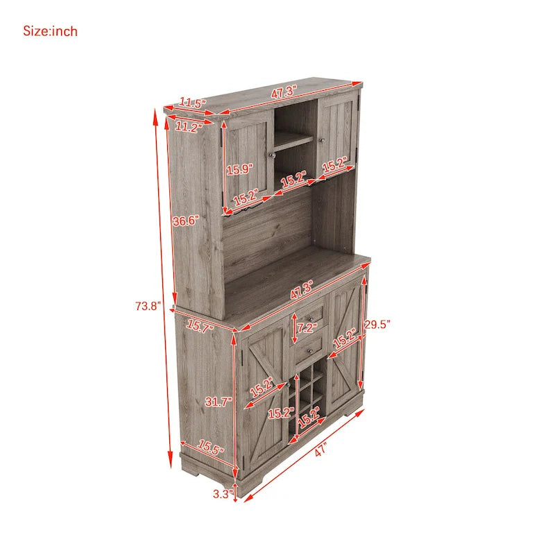 Mobile Cucina Bar con Contenitori — 120 cm L x 39,5 cm P x 187,5 cm H, 4 Ante, 2 Cassetti, Portabottiglie e Portabicchieri